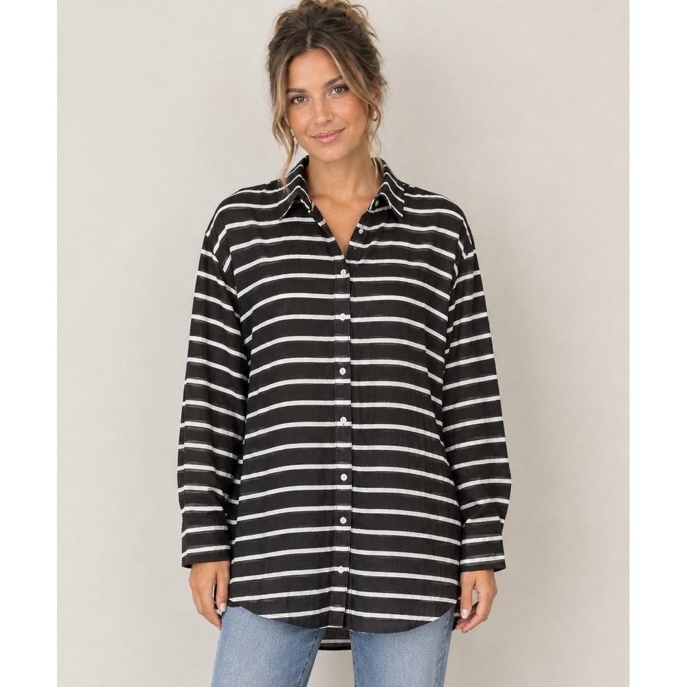 Ralph Lauren LRL XL Black White Striped Oversized Lightweight Button Up Shirt